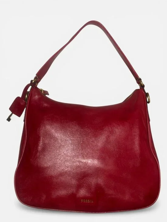 Fossil Memoir Hobo ZB5475 Regal Red All Leather Slouchy Shoulder Bag Key Charm - Picture 4 of 11